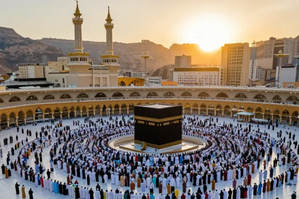 Umroh Full Ramadhan travelers at Masjid Al-Haram, a vibrant sacred pilgrimage experience.