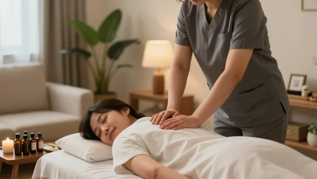 남양주출장마사지 treatment in a cozy home setting, showcasing a relaxed client and professional therapist.